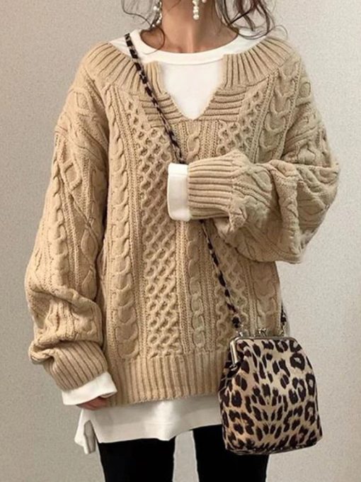 variant image5Knitted Sweater Women Fashion Chic Pullovers Sweet Basic Casual Loose Long Sleeve V Neck Knitwear Tops