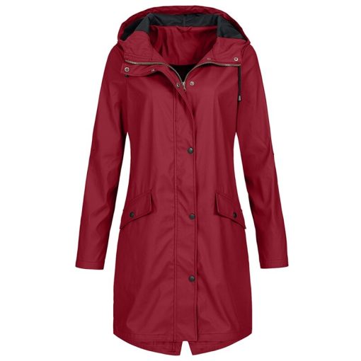 variant image5Women s Solid Color Rain Jacket Outdoor Hoodie Waterproof Windproof Long Coat Pocket Hodded Stormsuit Women