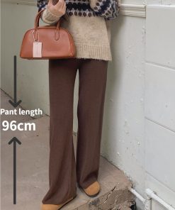 variant image6Women Pants Casual Warm Loose Knitted Wide Leg Pants High Waist Soft Waxy Comfortable Fashion Straight