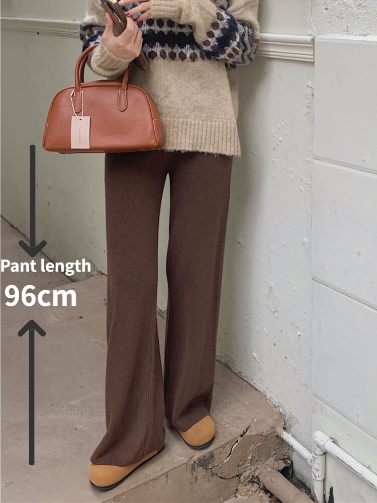 variant image6Women Pants Casual Warm Loose Knitted Wide Leg Pants High Waist Soft Waxy Comfortable Fashion Straight
