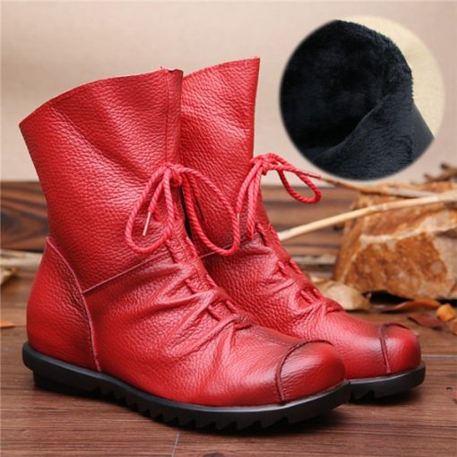 variant image72022 Vintage Style Genuine Leather Women Boots Flat Booties Soft Cowhide Women s Shoes Side Zip