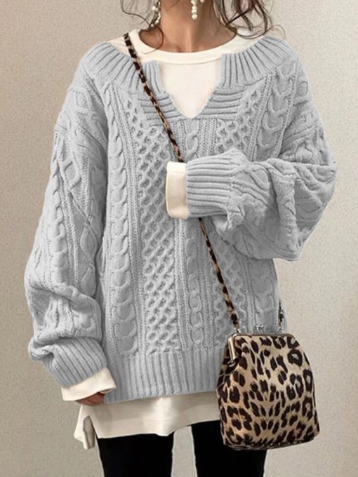 variant image7Knitted Sweater Women Fashion Chic Pullovers Sweet Basic Casual Loose Long Sleeve V Neck Knitwear Tops