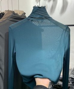 variant image7Mesh See Through Women T Shirts Summer New 2022 Turtleneck Solid Slim Elastic Long Sleeved Female