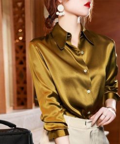 variant image8Brand Quality Luxury Women Shirt Elegant Office Button Up Long Sleeve Shirts Momi Silk Crepe Satin