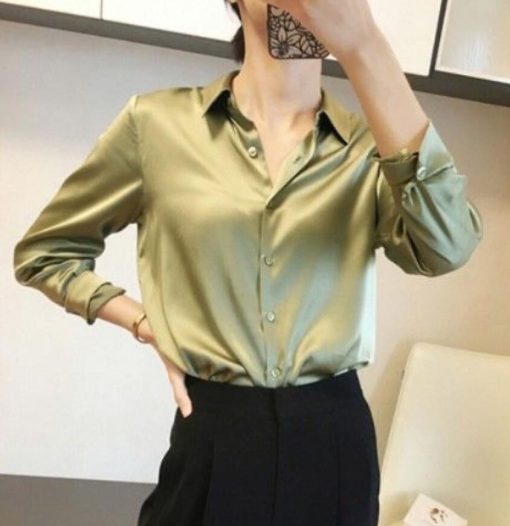 variant image9Brand Quality Luxury Women Shirt Elegant Office Button Up Long Sleeve Shirts Momi Silk Crepe Satin