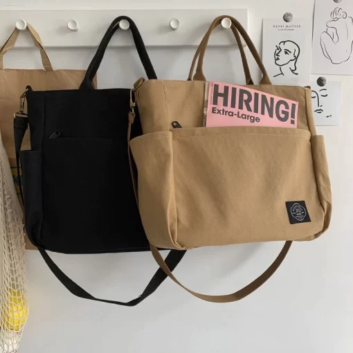 Hylhexyr Woman Canvas Tote Shoulder Messenger Bag Handbag With An External Pocket Reusable Grocery Shopping Bags.jpg Q90.jpg