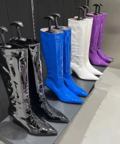 Winter New Brand Women Long Boots Fashion Pointed Toe Zipper Ladies Sexy Knee High Botties Patent Leather Knight Boot