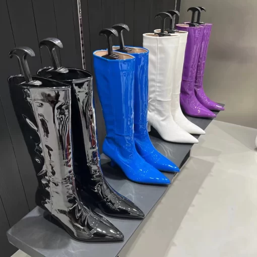 Winter New Brand Women Long Boots Fashion Pointed Toe Zipper Ladies Sexy Knee High Botties Patent Leather Knight Boot