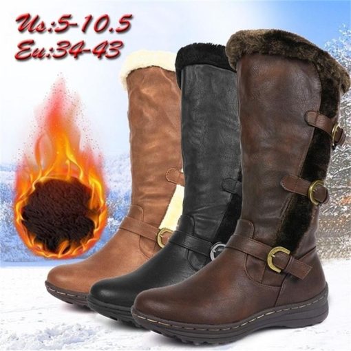 Winter Women Long Boots Fur Plush Warm Platform Snow Boots Solid Color Leather Casual Female Shoes Ladies Mid Calf Boots Botas