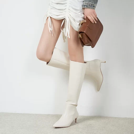 Women Genuine Leather Knee High Boots Pointed Toe Thin Heel Slip On Party Club Winter Ladies Footwear