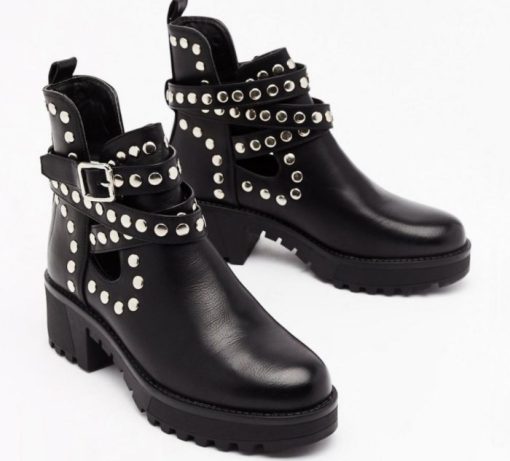 main image02021 Autumn New Woman Boots Rivet Ankle Boots Round Toe Mid Heel Short Boots Fashion Buckle