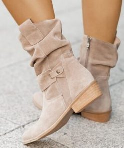 main image02022 Autumn Winter Cowboy Boots Women Low Heels Suede Ankle Boots Metal Buckle Side Zip Large