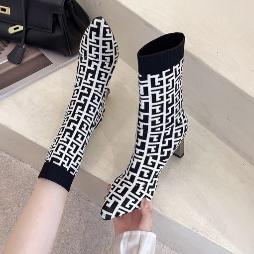 main image02022 New Winter Women s Shoes Knitted Mid calf Socks Boots Pointed Toe Stiletto Elastic Designer