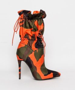 main image02022 Spring High Heels Pointed Toe Mid Calf Boots for Women Fashion Camouflage Print Stiletto Lace