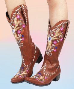 main image0AOSPHIRAYLIAN Western Cowboy Boots For Women 2022 Retro Vintage Embroidery Sewing Floral Women s Cowgirl Shoes