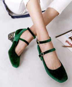 main image0Concise Spring 2022 New Solid Velvet Flock Shoes Women Square Toe Ankle Strap Bling Sequined Heel