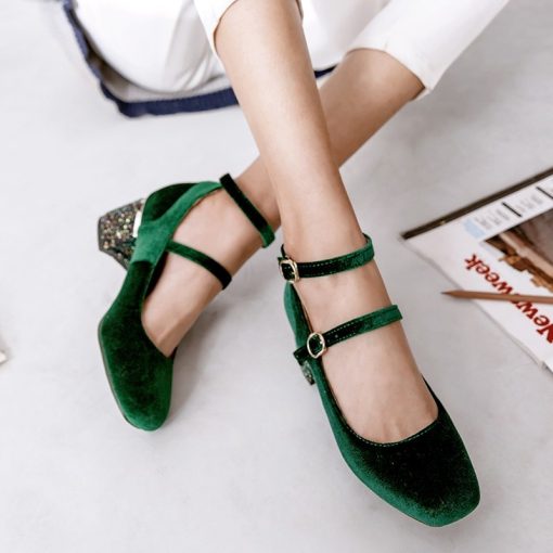 main image0Concise Spring 2022 New Solid Velvet Flock Shoes Women Square Toe Ankle Strap Bling Sequined Heel