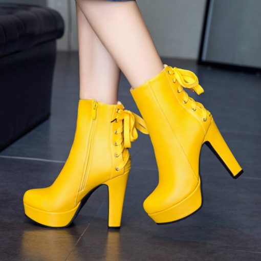 main image0Fashion Ankle Boots For Women 2021 Lace Up Winter Boots Women Platform High Heel White Yellow