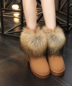 main image0Genuine Leather Woman Ankle boots 2021 New Winter Women shoe Flats Real Fox fur Warm Female
