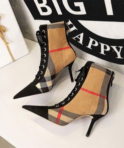 main image0Hot Plaid Patchwork Flock Leather Boots Women s Fashion 8cm High Heels Ankle Pumps Pointed Toe