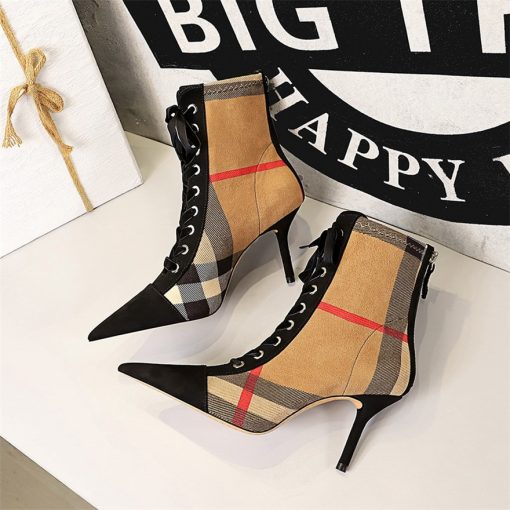 main image0Hot Plaid Patchwork Flock Leather Boots Women s Fashion 8cm High Heels Ankle Pumps Pointed Toe