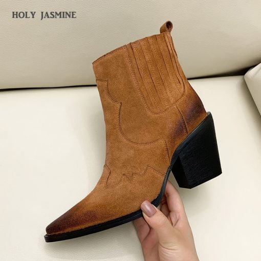 main image0Leather Boots Women Genuine Pointed Toe Mid Heel Ankle Boots Thick Square Heel Slip On Western