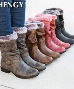 main image0Mid Calf Boots Women Plus Velvet Warm Booties Autumn Winter Leather Retro Flat Shoes Fashion Buckle