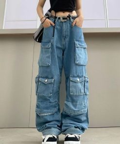 main image0Multi Pocket Blue Washed Cargo Pants Y2k Retro High Street Fashion High Waist Jeans Couple Harajuku