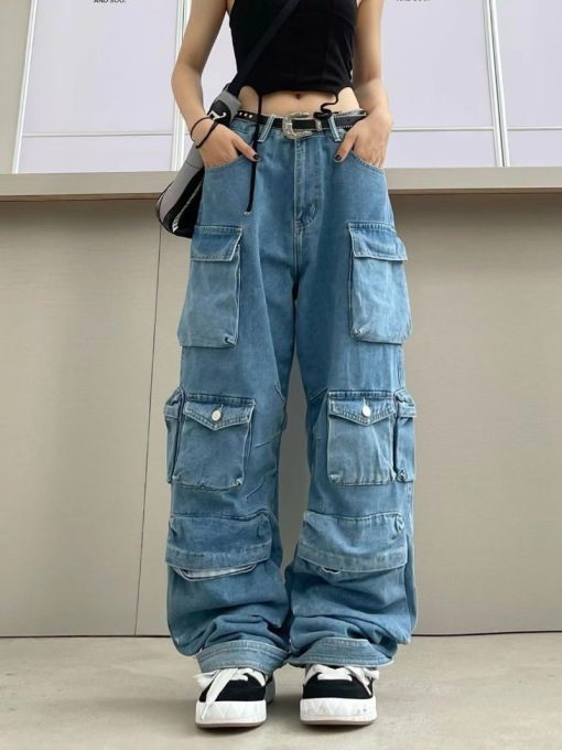 main image0Multi Pocket Blue Washed Cargo Pants Y2k Retro High Street Fashion High Waist Jeans Couple Harajuku