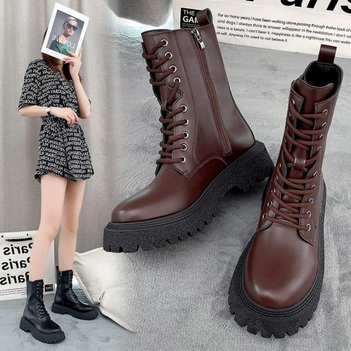 main image0New Black Platform Combat Ankle Boots for Women Lace Up Buckle Strap Woman Shoes Winter Biker