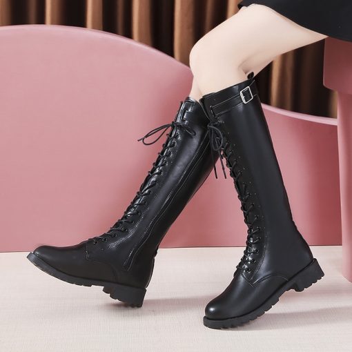 main image0Plus Size Autumn Winter Knee High Boots Women Fashion Buckle High Tube PU Leather Boots Woman
