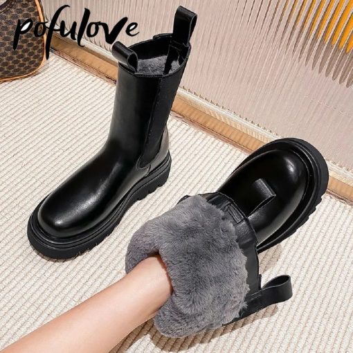 main image0Pofulove Fur Boots Women Winter Shoes Chelsea Boots Black Leather Boots Plush Warm Platform Chunky Shoes