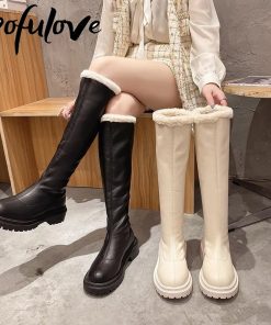 main image0Pofulove Women Thigh High Boots Winter Knee High Fur Boots Black White Flat Leather Boots Thick