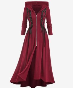 main image0ROSEGAL Autumn Women Longline Coat Hooded Lace Up Zipper High Low Maxi Tops Costume For Female
