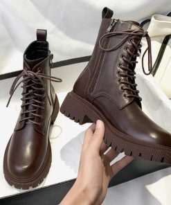 main image0Rimocy Brown Pu Leather Ankle Boots for Women 2022 Autumn Winter Short Plush Motorcycle Boots Woman