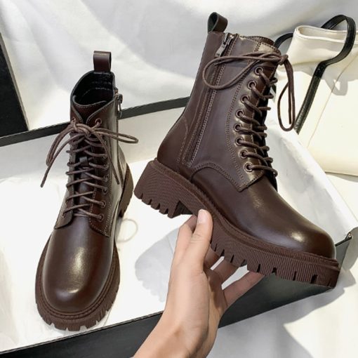 main image0Rimocy Brown Pu Leather Ankle Boots for Women 2022 Autumn Winter Short Plush Motorcycle Boots Woman