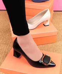 main image0Square Buckle NEW Office Shoes 2022 Women s Concise Patent Leather Shallow High Heels Shoes Pointed