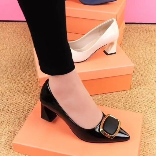 main image0Square Buckle NEW Office Shoes 2022 Women s Concise Patent Leather Shallow High Heels Shoes Pointed