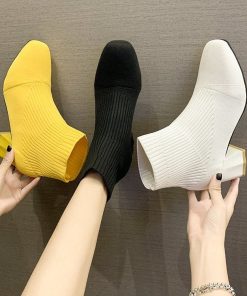 main image0Stretch Sock Boots For Women Shoes Square Heel Yellow Knitting shoes Elastic Cottton Boots Lady Footwear