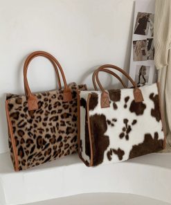 main image0Top Handle Bags Retro Cow Leopard Print PU Leather Plush Design Autumn Winter Fashion Small Women