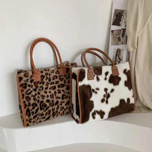 main image0Top Handle Bags Retro Cow Leopard Print PU Leather Plush Design Autumn Winter Fashion Small Women