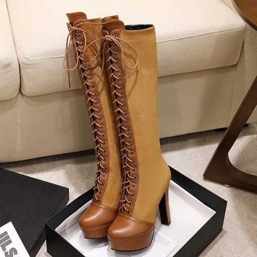 main image0Vintage Lace Up Knee High Boots Women Shoes Platform High Heels Women s High Boots Black