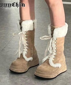 main image0Winter Women Snow Boots Genuine Leather Platform Wedge Chunky Heel Faux Fur Lady Shoes Female Plush