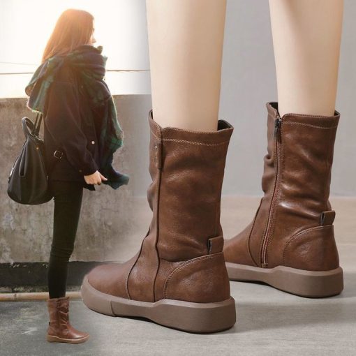 main image0Women Ankle Boots Ladies Shoes Slip on Mid Calf Boots Platform Soft PU Leather Long Boot 1