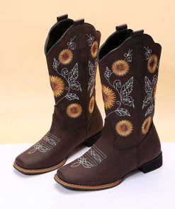 main image0Women Flower Embroidery Shoes Slip on Riding Boots Lady Square Heel Mid Calf Boot Female Winter