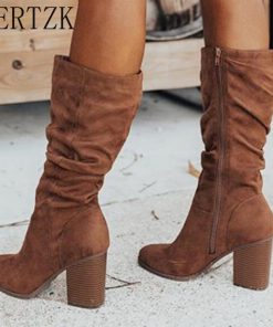 main image0Women Knee High Boots Women s Roman Retro Shoes Woman Sexy High Heels Ladies Solid Suede