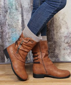 main image0Women Mid Calf Boots Autumn Winter Female Casual Shoes Flat Fashion Platform Round Toe Zip Solid