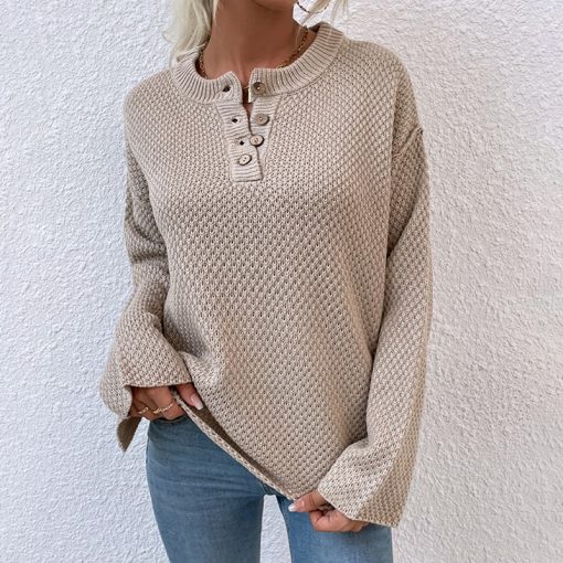 main image0Women Sweater 2022 Fashion Solid Loose Button Knitting Sweaters Vintage Long Sleeve Female Pullover Autumn Winter