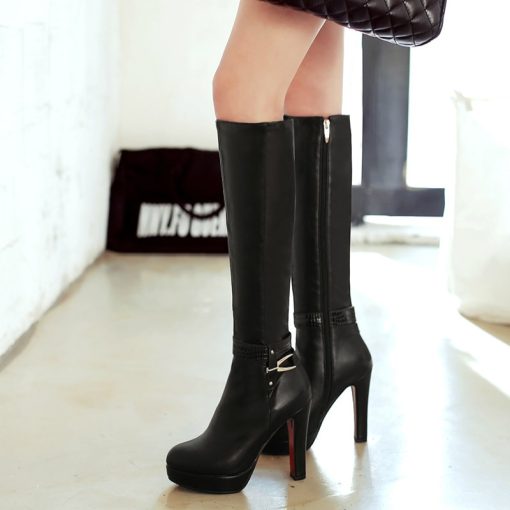 main image0Women s High Boots Winter Platform Sexy Black White Heeled High Knee Boots Female Fashion Buckle