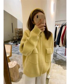 main image0Women s Knitting Sweater Zipper Stand Collar Long Sleeves Casual Korean Fashion Baggy Cardigan Ladies Outerwear